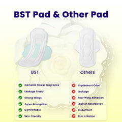 BST heavy-flow overnight pads with wings absorbent core detail showing high capacity.