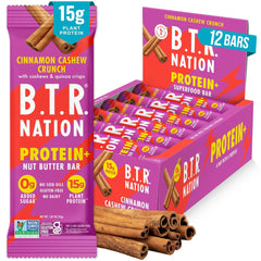 B.T.R. Nation Cinnamon Cashew Crunch bar front view highlighting a protein-rich, keto-friendly bite.