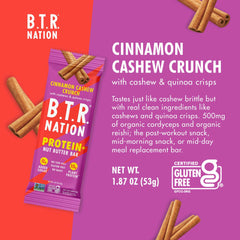 Ingredients close-up featuring cashews, quinoa crisps, and greens from the Cinnamon Cashew Crunch bar.