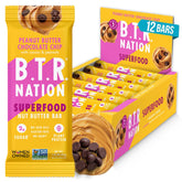 B.T.R. Nation Bliss bar cross-section reveals creamy peanut butter and chips.