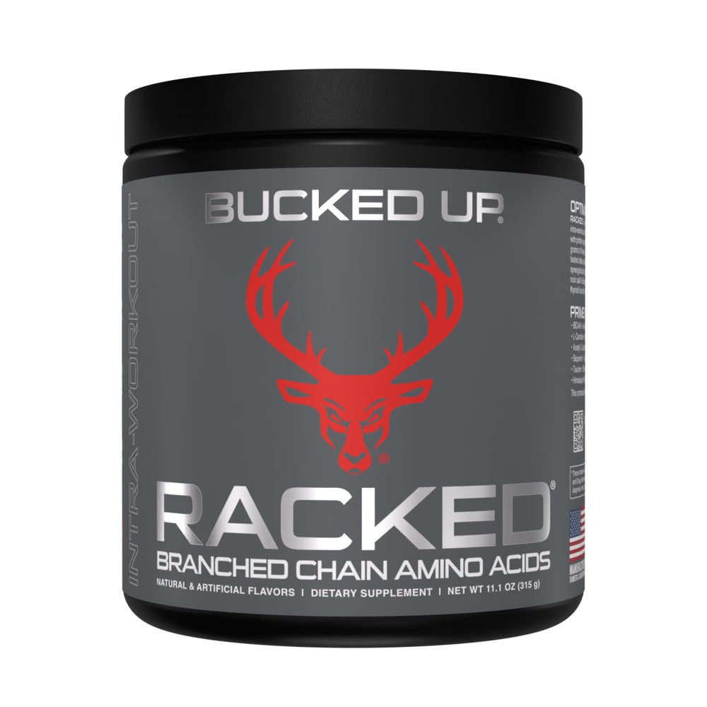 Bucked Up BCAA RACKED powder jar with label, signaling lean muscle support.