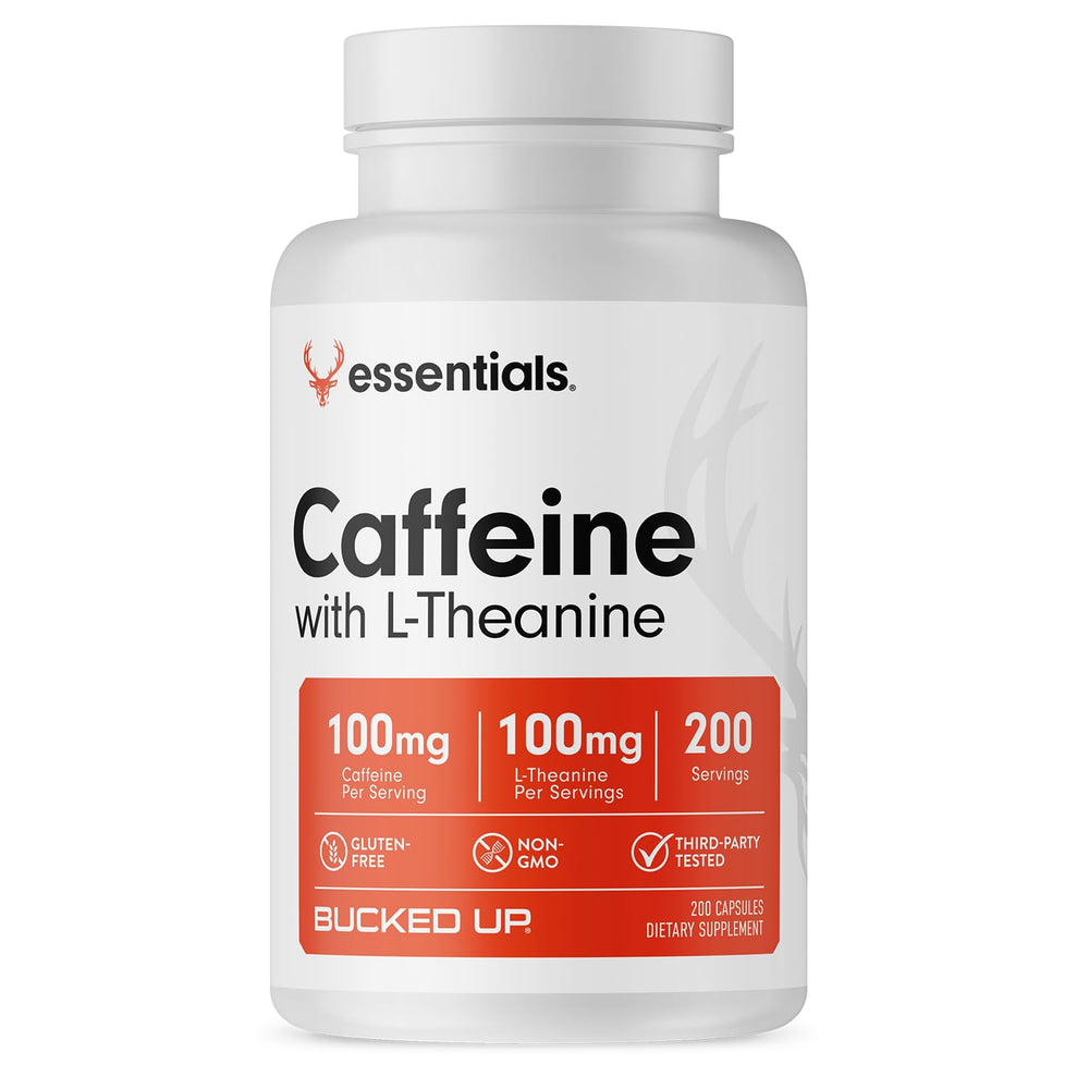 Bucked Up Caffeine with L-Theanine bottle showing balanced 1:1 dose for steady energy.