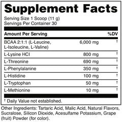 Scoop of Bucked Up EAAs showing 8 g per serving for recovery fueling.