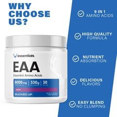 Close-up of Bucked Up EAAs ingredients label showing full essential amino acid blend.