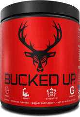 Bucked Up Red Raz tub front showcasing premium pre-workout formula for energy.