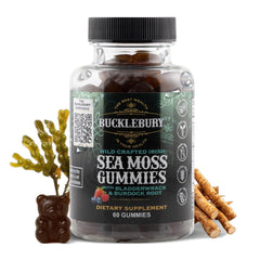 Bucklebury Wildcrafted Irish Sea Moss Gummies bottle with berry-flavored vegan daily nutrition