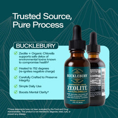 BUCKLEBURY Zeolite bottle label close-up signals natural, USA-made quality.