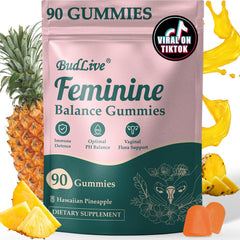 BudLive Feminine Balance Gummies bottle with pineapple flavor supports vaginal health and pH balance.