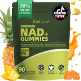 BudLive NAD+ Gummies bottle front highlighting pineapple flavor and daily vitality.