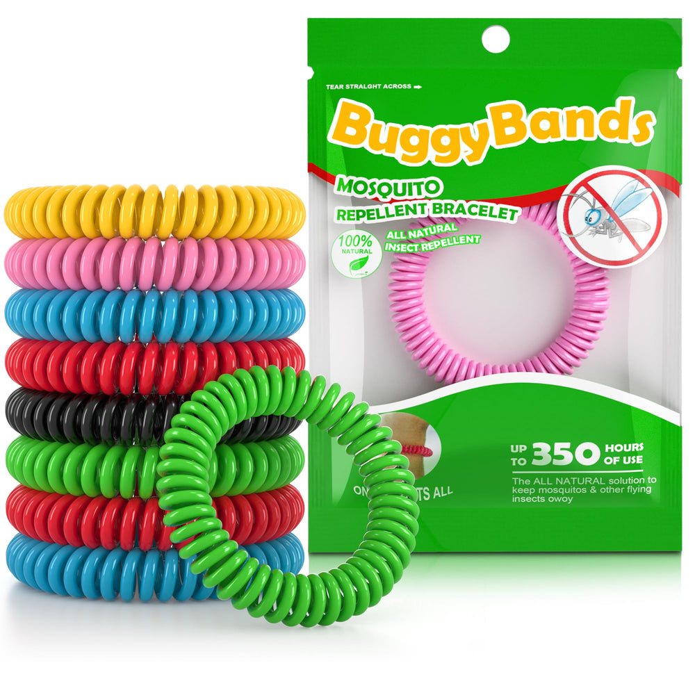 BuggyBands 48-pack mosquito bracelets in assorted colors for outdoor protection.