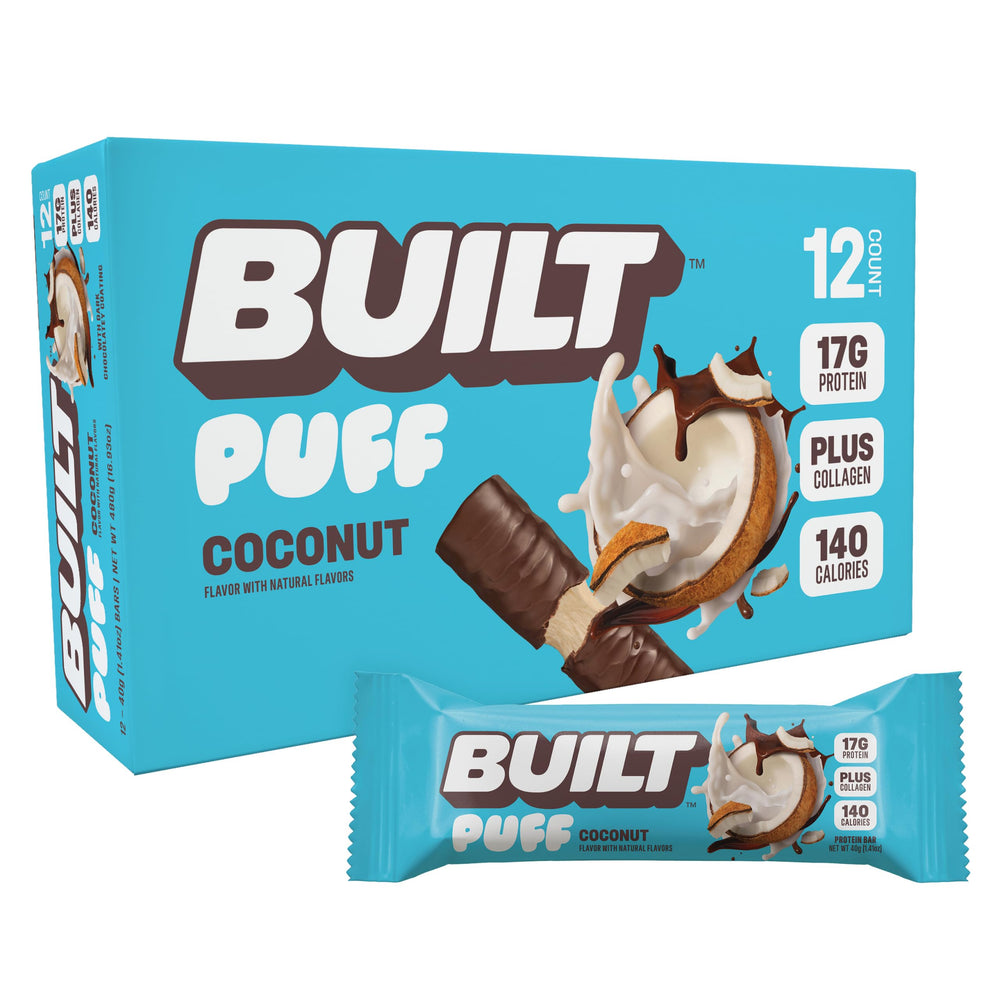 Built Bar Puffs Coconut Bar offers protein-packed energy for on-the-go snacking.
