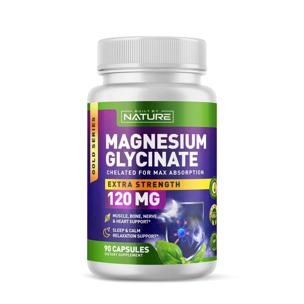 Built By Nature Magnesium Glycinate bottle front showing chelated magnesium for high absorption