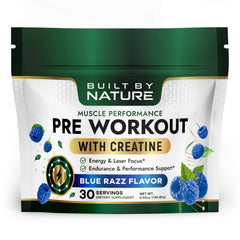 Built by Nature Pre Workout Blue Razz bottle boosts clean energy for training.