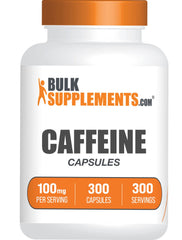 BulkSupplements caffeine 100mg capsules in a bottle for energy support during workouts.