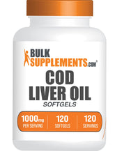BulkSupplements cod liver oil softgel bottle label highlights 1000 mg per serving, gluten-free.