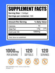 BulkSupplements cod liver oil softgel close-up shows glossy capsule for omega-3 support.