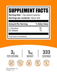 BulkSupplements L-Citrulline Malate, 3g serving, supports training routines.
