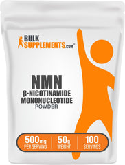 BulkSupplements NMN powder in a clear jar for NAD support and energy