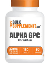 BulkSupplements Alpha GPC capsules bottle closeup supports daily cognitive wellness.