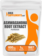 BulkSupplements Ashwagandha powder bottle with scoop supports daily balance.