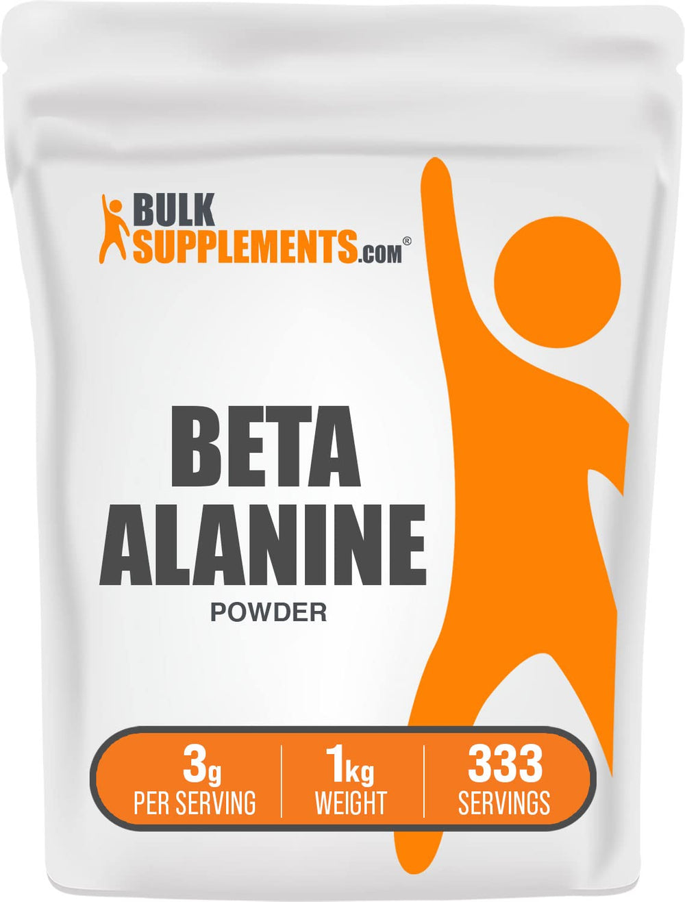 BulkSupplements Beta-Alanine Powder bottle closeup, unflavored pre-workout option.