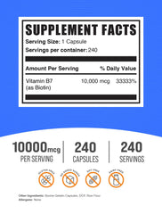 Closeup of BulkSupplements Biotin 10000mcg capsules label for trusted daily use.