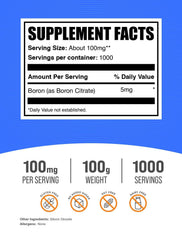 BulkSupplements Boron Citrate Powder label close-up showing ingredients and serving size