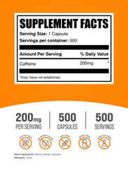 BulkSupplements caffeine 200mg bottle close-up showing precise dosing