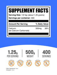 BulkSupplements Calcium Carbonate Powder measuring scoop highlights convenient serving size