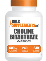 BulkSupplements Choline Bitartrate capsules in a bottle for daily wellness support.