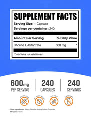 BulkSupplements Choline Bitartrate capsules close-up showing easy-to-swallow form for daily use.