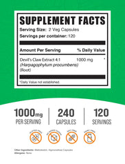 BulkSupplements Devil's Claw Extract capsules label highlighting vegan and gluten-free wellness option.