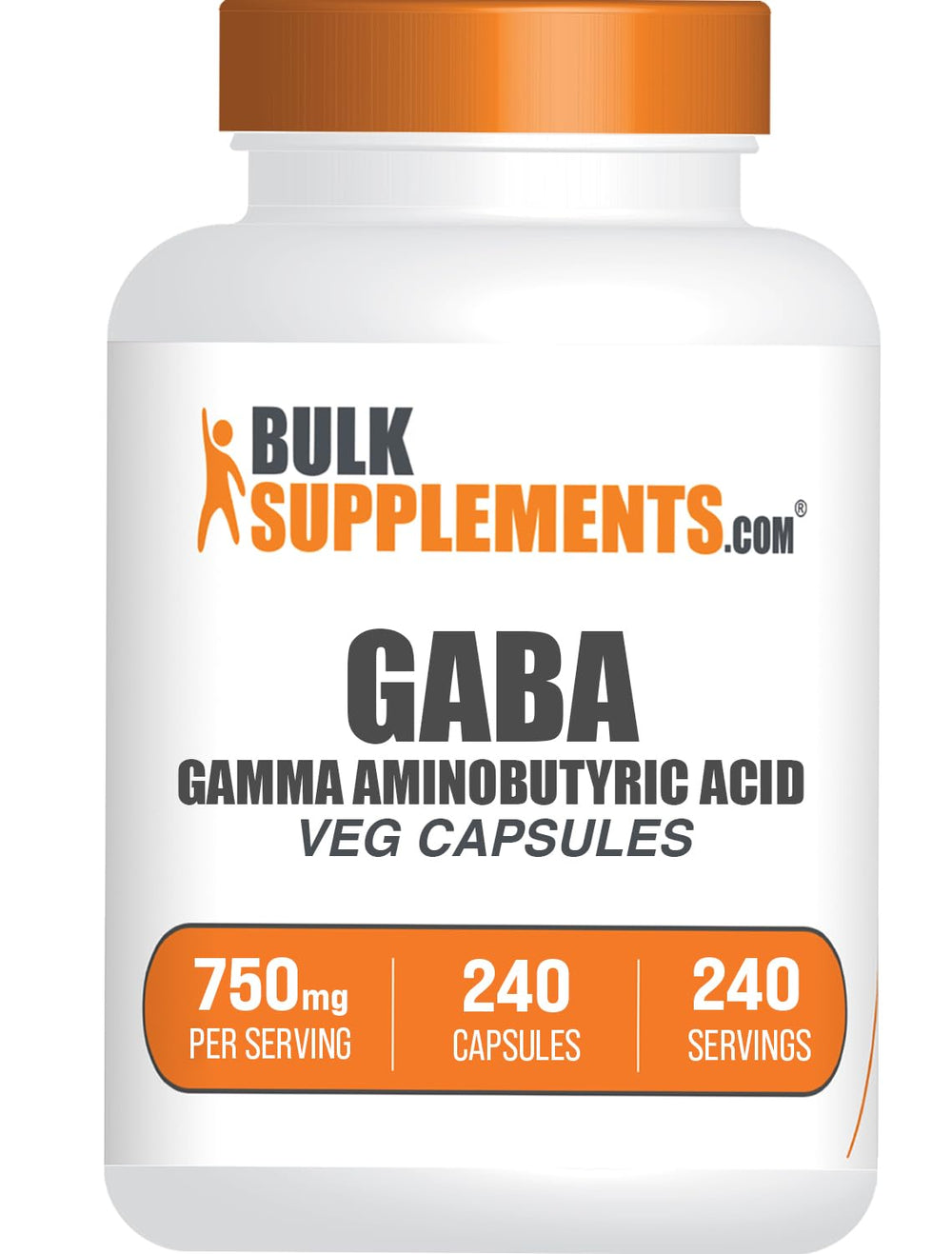 BulkSupplements GABA 750mg packaging highlights vegan and gluten-free formulation.