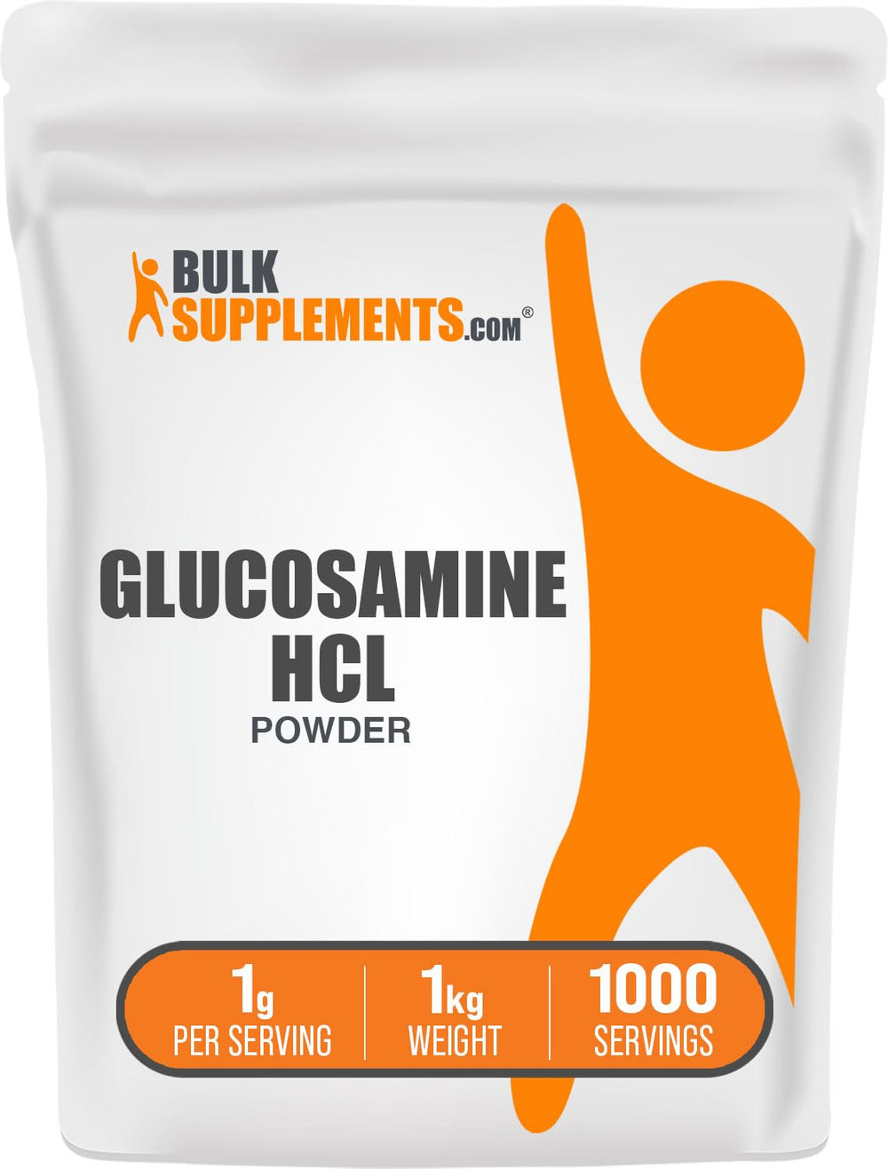 Bulksupplements Glucosamine HCl powder bottle close-up, gluten-free formula for active lifestyles.