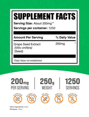 BulkSupplements Grape Seed Extract jar label showing vegan and gluten-free notes.