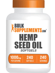 BulkSupplements Hemp Seed Oil Softgels bottle label shows 1000mg capsules for daily supplementation