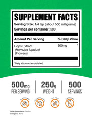 BulkSupplements Hops Extract Powder label highlighting gluten-free and quality