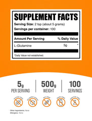 Bulksupplements L-Glutamine powder serving scoop emphasizes precise 5g dose.