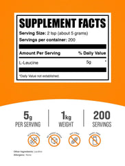 BulkSupplements L-Leucine powder scoop showing a precise 5g serving