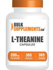 BulkSupplements L-Theanine capsules bottle with 200 mg per serving for calm focus