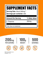 BulkSupplements L-Theanine powder with scoop, enabling precise daily dosing.