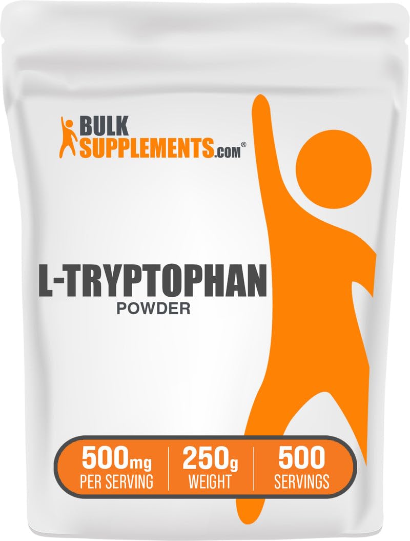 BulkSupplements L-Tryptophan powder bottle showing 500 mg servings for daily wellness