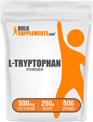BulkSupplements L-Tryptophan powder bottle showing 500 mg servings for daily wellness