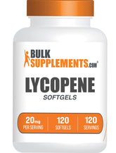 BulkSupplements Lycopene Softgels bottle shows 20 mg capsules for daily use.