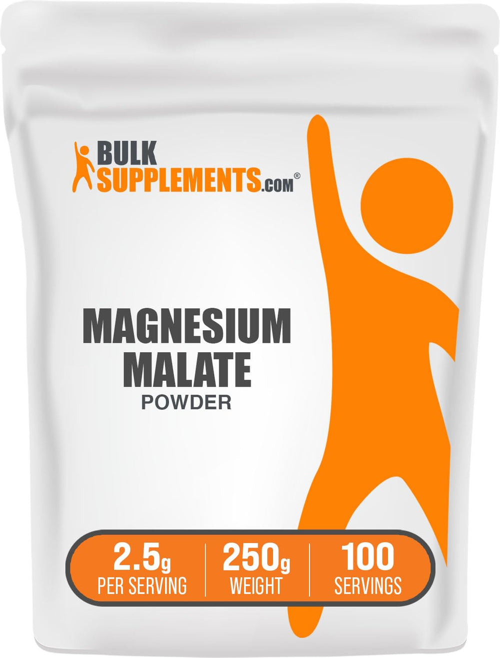 BulkSupplements Magnesium Malate powder bottle showing high bioavailability and gluten-free formula.