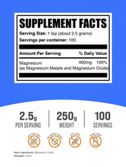 BulkSupplements Magnesium Malate powder with scoop ready for easy mixing into drinks.