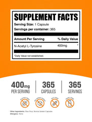 BulkSupplements N-Acetyl L-Tyrosine capsules closeup label highlighting quality