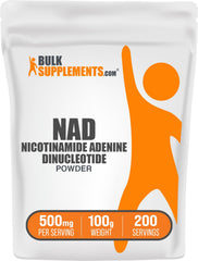 BulkSupplements NAD powder jar for daily energy support in a gluten-free formula.