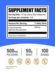BulkSupplements NAD powder label visible, highlighting 500 mg per serving for convenient supplementation.