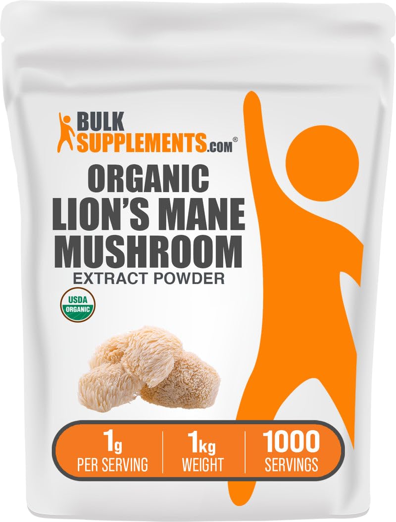 BulkSupplements Organic Lion's Mane powder jar highlights daily wellness and easy supplementation.